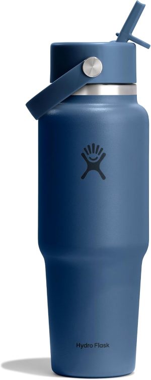 Hydro Flask Travel Water Bottle - Insulated Stainless Steel - Wide Straw Lid. Non Spill. Leakproof in 32 Oz Harbor Blue